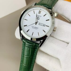 Tag Heuer Calibre 5 Watch With Day&Date (  Green Belt White Dial))