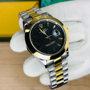 Date Just Model-Textured Black Dial Twotone Golden Chain