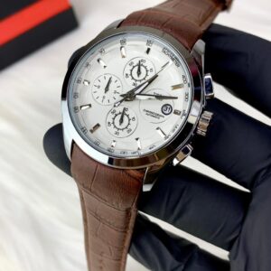 Multifuctional Chronograph Date Watch-Brown Silver Case White Dial